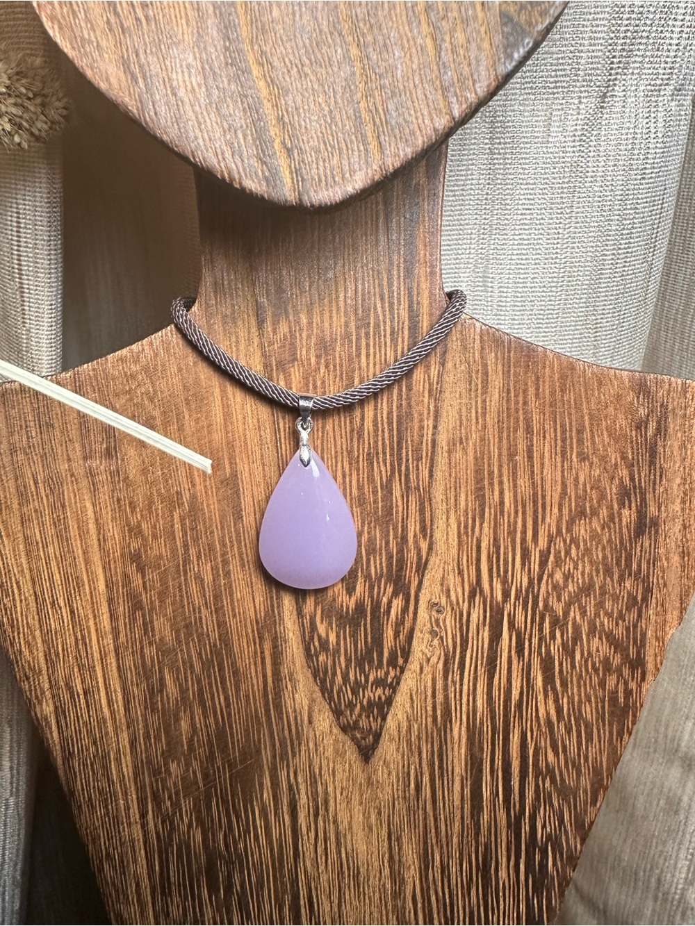 Lavender Teardrop Pendant Necklace on Brown Rope - Picture 4 of 15